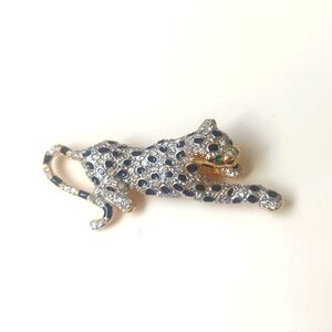 Gorgeous White Rhinestone Leopard With Green Eyes Gold & Silver Tone Brooch Pin